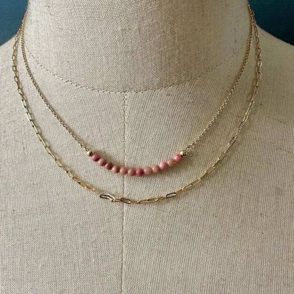 gold tone rhonodonite double chain 14k gold dipped necklace